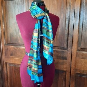 Vintage satin metallic blue brown print mod scarf